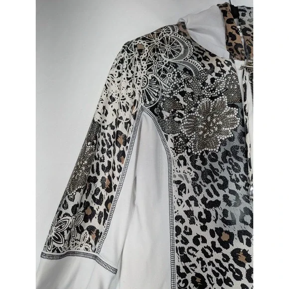 Joseph Ribkoff Leopard Print‎ Lace Embellished Zip Front Hooded Jacket Women 12 - Picture 9 of 10